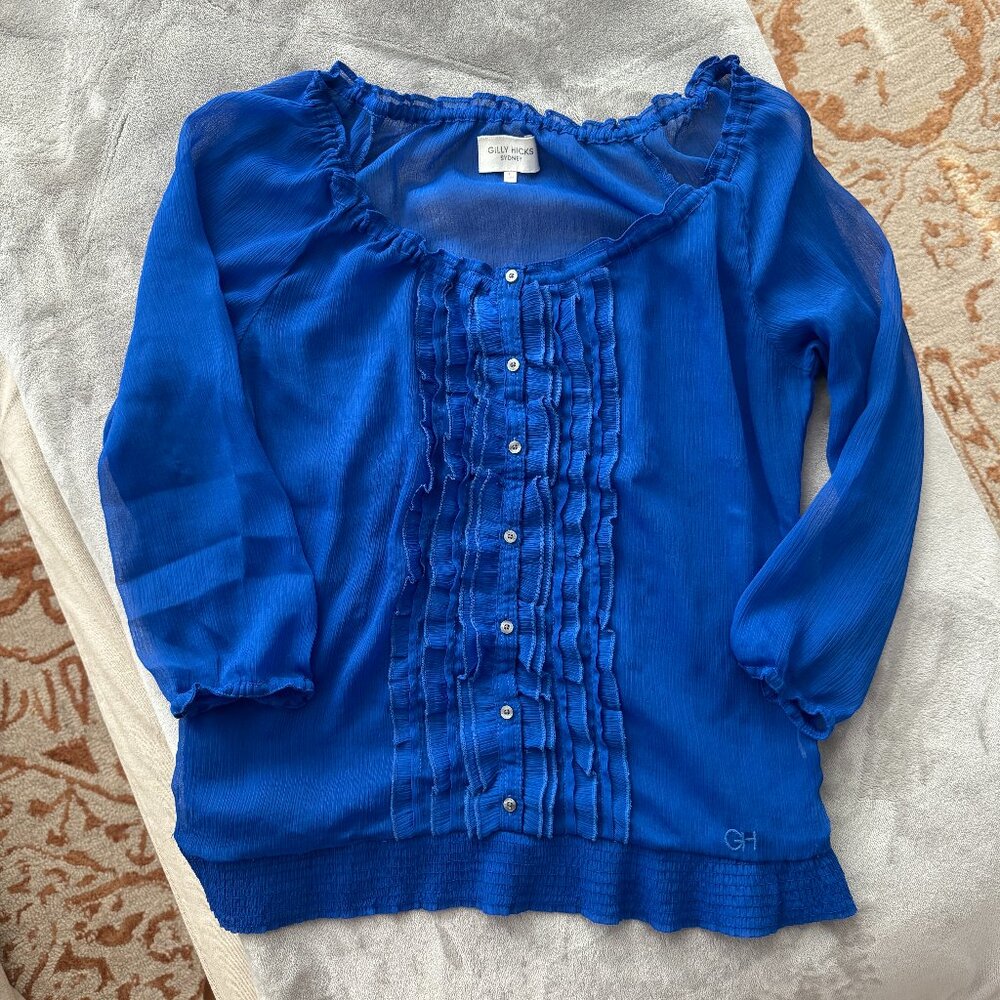 RARE Gilly Hicks Blue Ruffle Front Smocked Bottom Sheer Shirt Sz L
